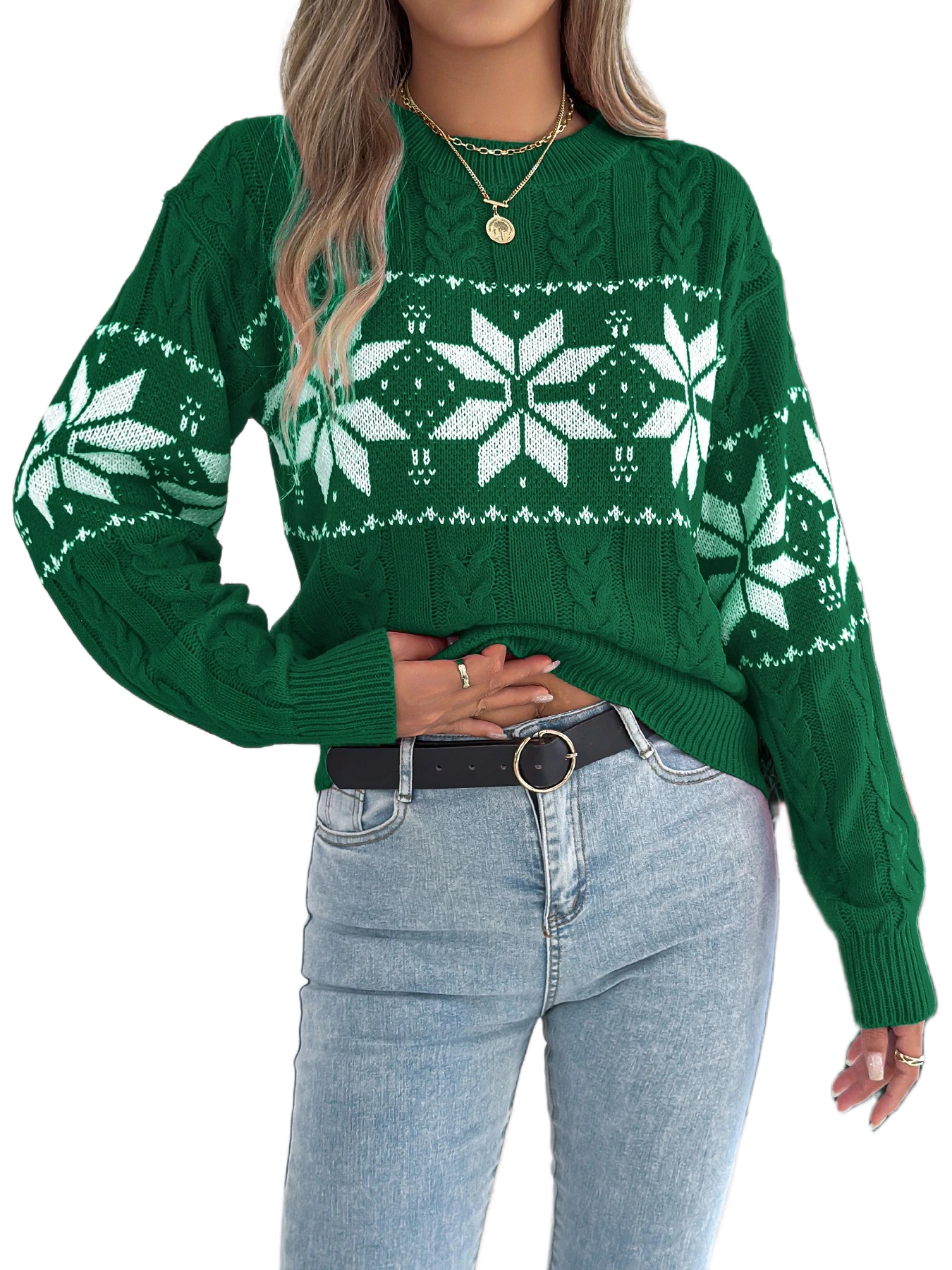 Women’s Christmas Sweater 2025 – Cozy Winter Snowflake Knitted Pullover, Contrast Color Holiday Jumper, Long Sleeve Warm Casual Top