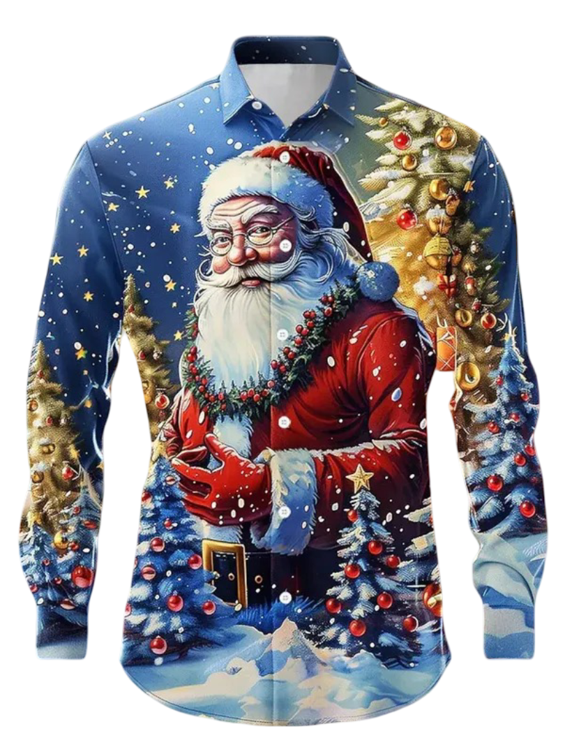 Men’s Christmas long sleeve shirt with breathable fabric and Santa Claus print, festive holiday fashion top for men