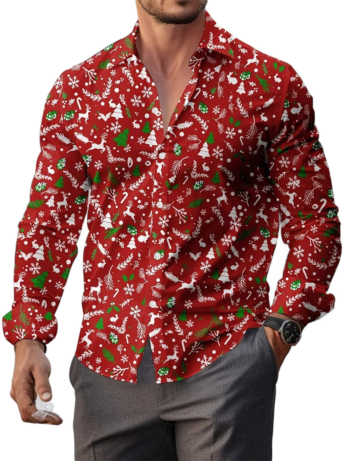 Men’s 3D Christmas print long sleeve shirt featuring Santa Claus and Christmas tree graphics, festive formal holiday shirt for men.