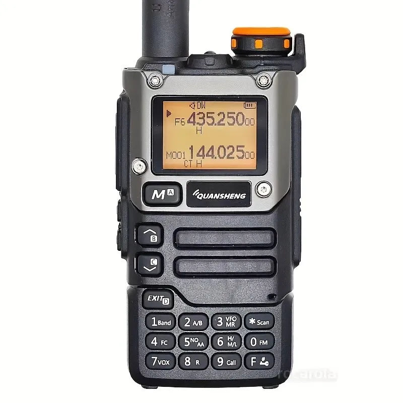 Quansheng UV‑K5(8) dual‑band ham radio front view showing keypad, LCD screen, antenna and USB‑C charging port.